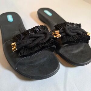 Oka-B Raffia Slide Sandals Womens M Black Nautical Rope Knot Gold Hardware